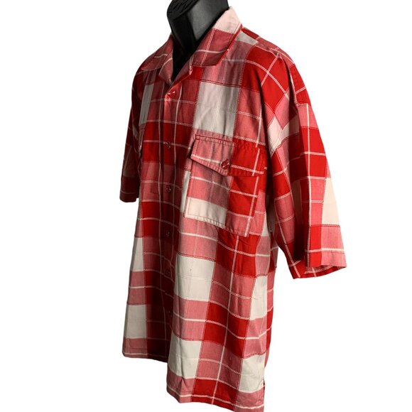 Vintage 90s Button Up Checkered Shirt XL Red Pockets Textured Short Sleeves - Picture 3 of 6